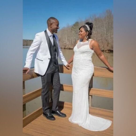 Lulus Modern Fairytale White Mesh Beaded Sequin Mermaid Maxi Dress Small NEW - Picture 10 of 16